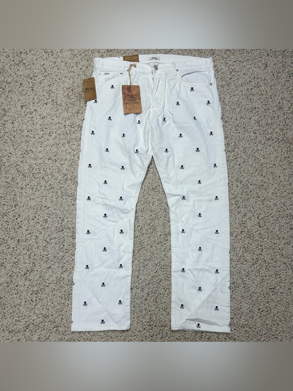 Polo Ralph Lauren Varick Slim Straight Jeans Mens 34x30 White Skull Print Denim
